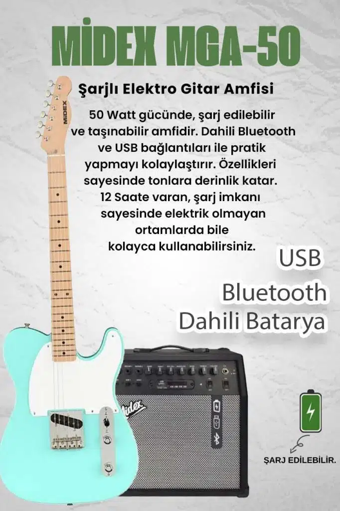 Midex TLX-50GR-50AMP Tele Kasa Maple Klavye 2 Single-Coil 50W Amfili Elektro Gitar