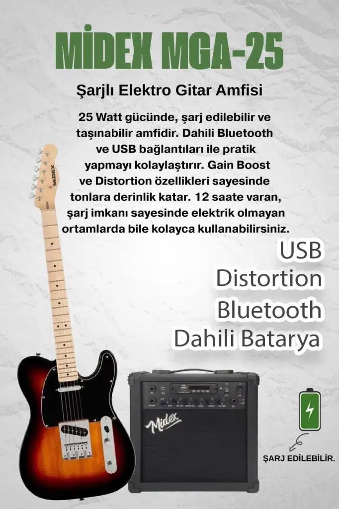 Midex TLX-50SB-25AMP Tele Kasa Maple Klavye 2 Single-Coil 25W Amfili Elektro Gitar