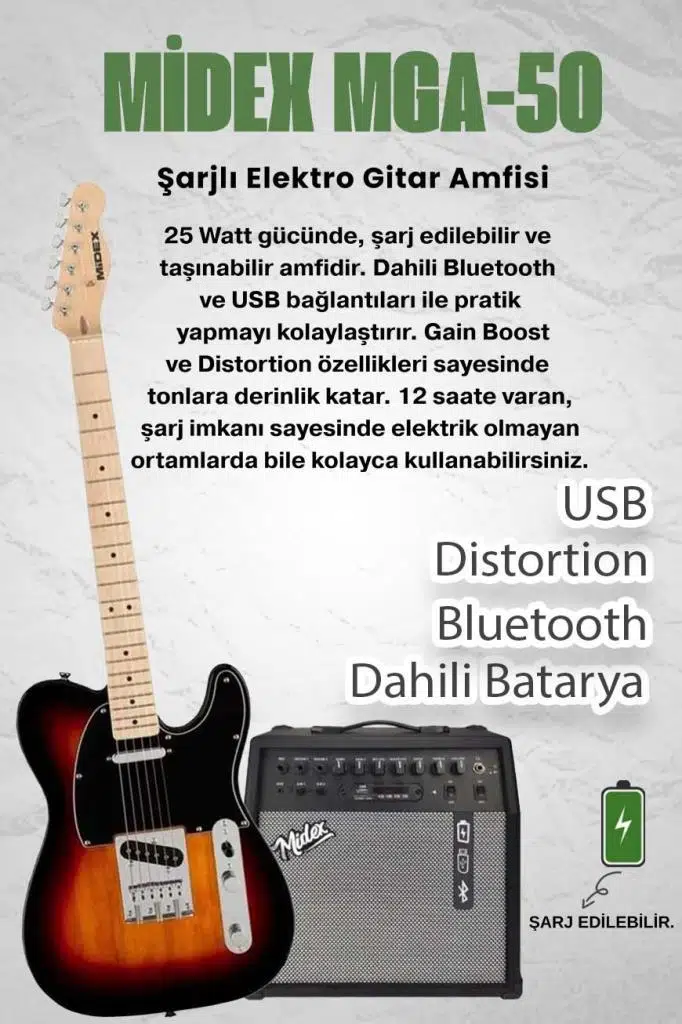 Midex TLX-50SB-50AMP Tele Kasa Maple Klavye 2 Single-Coil 50W Amfili Elektro Gitar