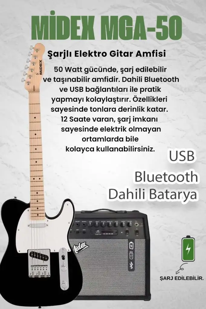 Midex TLX-50WB-50AMP Tele Kasa Maple Klavye 2 Single-Coil 50W Amfili Elektro Gitar