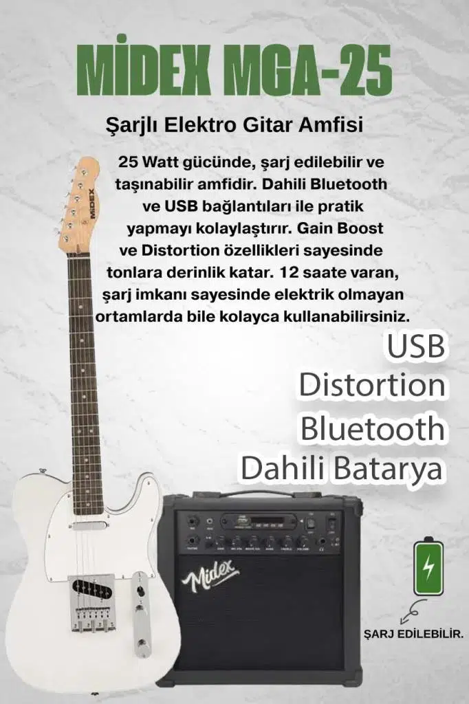 Midex TLX-50WH-25AMP Tele Kasa Gül Klavye 2 Single-Coil 25W Amfili Elektro Gitar