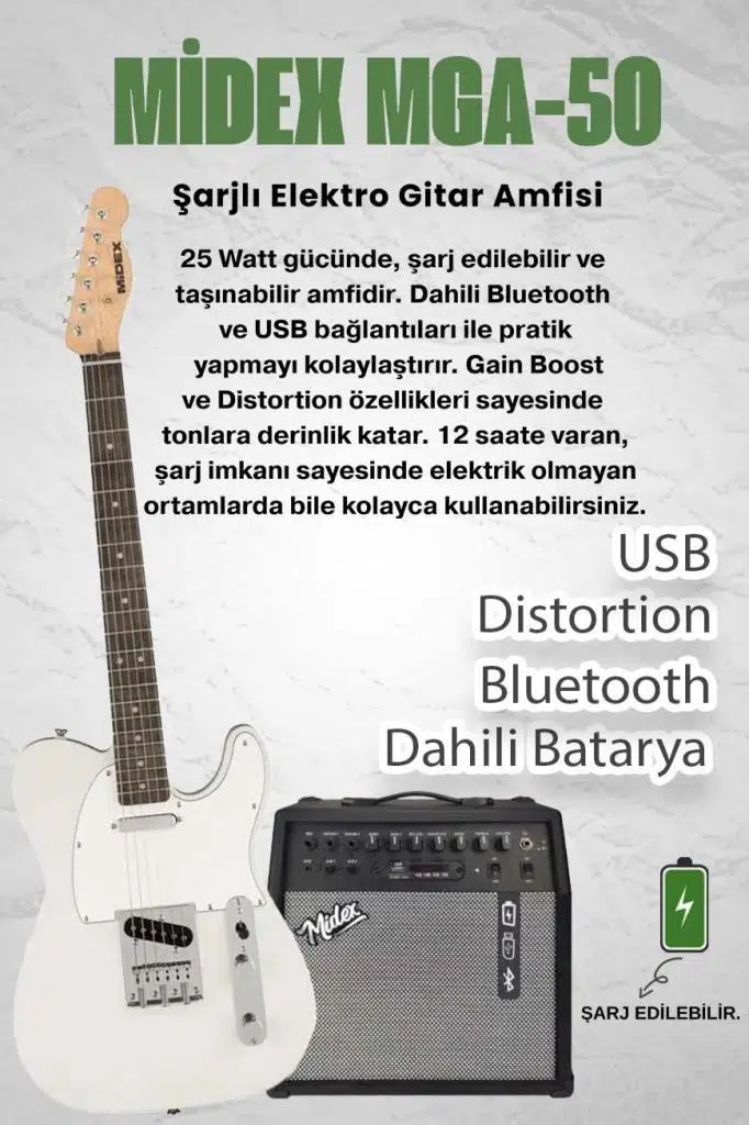 Midex TLX-50WH-50AMP Tele Kasa Gül Klavye 2 Single-Coil 50W Amfili Elektro Gitar Midex TLX-50WH-50AMP Tele Kasa Gül Klavye 2 Single-Coil 50W Amfili Elektro Gitar