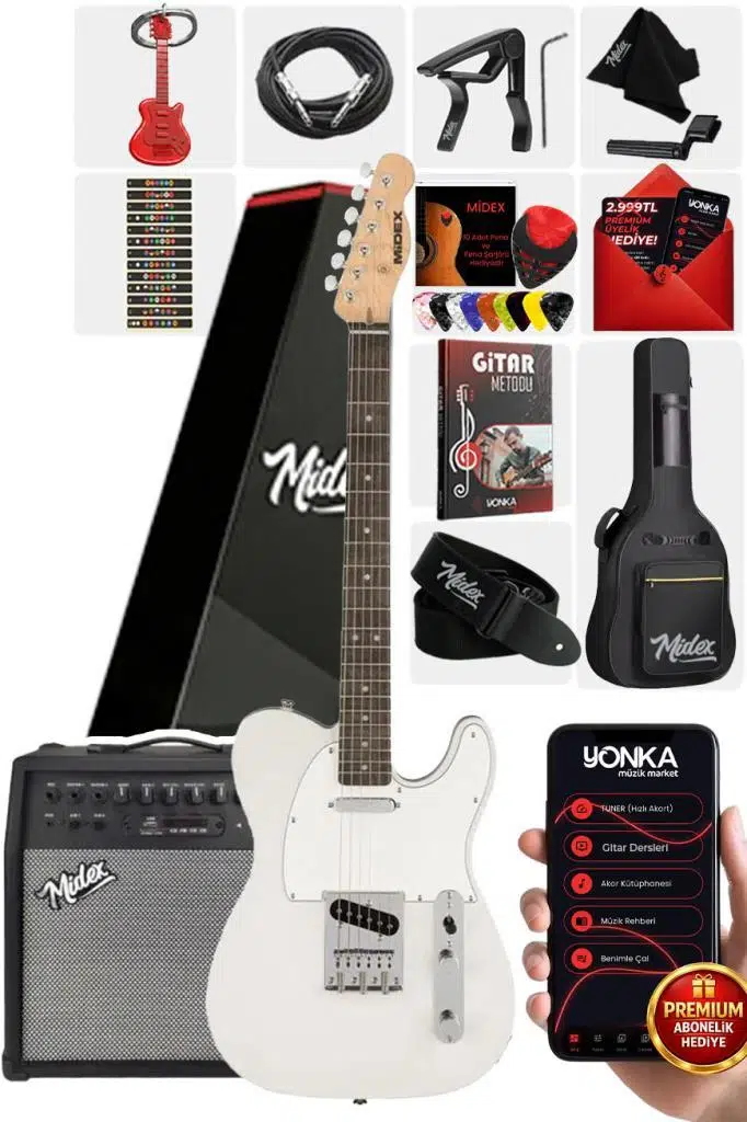 Midex TLX-50WH-50AMP Tele Kasa Gül Klavye 2 Single-Coil 50W Amfili Elektro Gitar