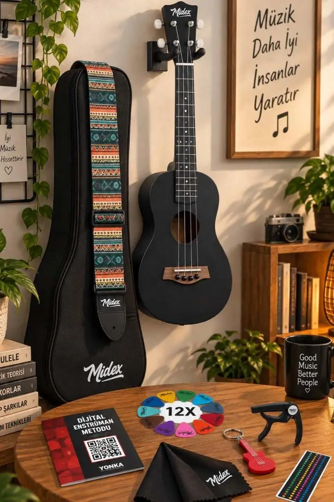 Midex TN-26BK Kaliteli Siyah Maun Ağacı Tenor Ukulele Seti