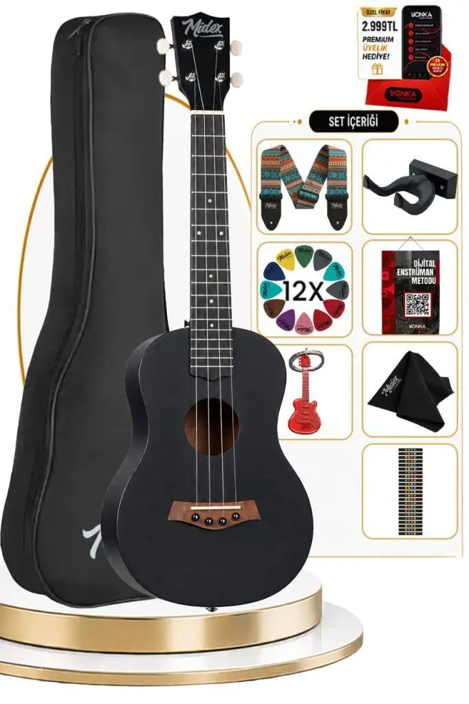 Midex TN-26BK Kaliteli Siyah Maun Ağacı Tenor Ukulele Seti