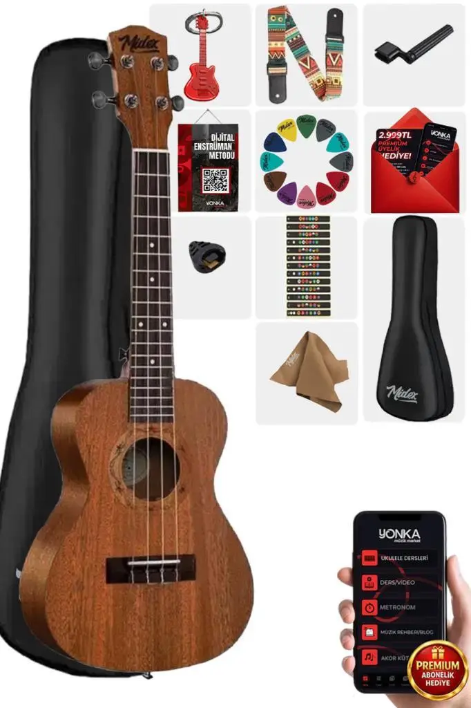 Midex TN-26MC Set Maun Tenör Ukulele (Metod Nota Sticker Askı Pena)