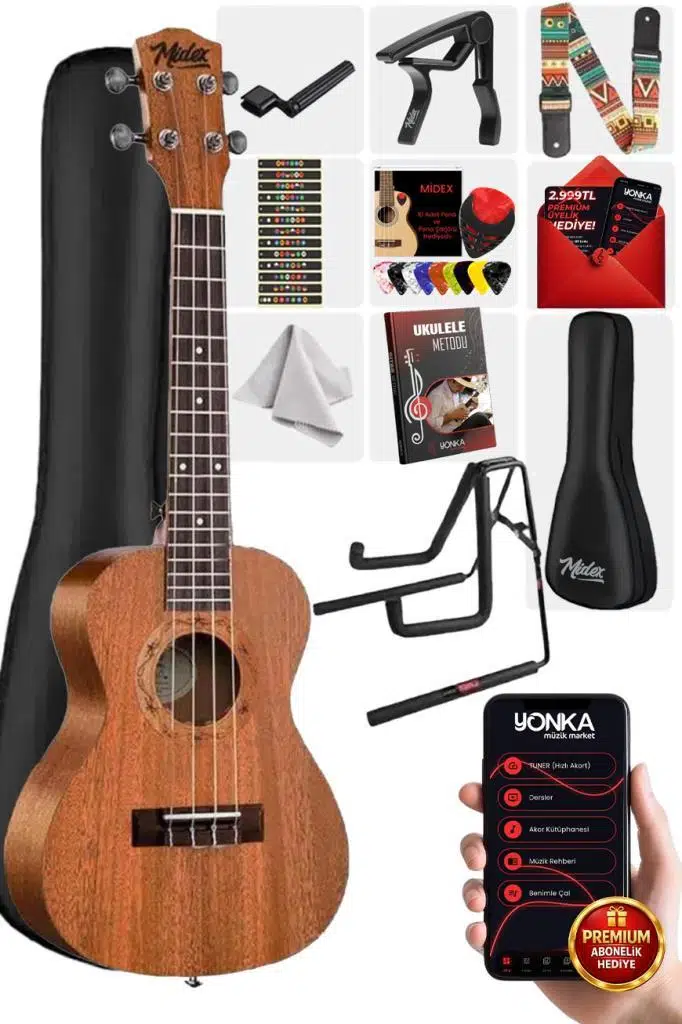 Midex TN-26MC-ST Set Maun Tenör Ukulele (Metod Nota Sticker Askı Pena)