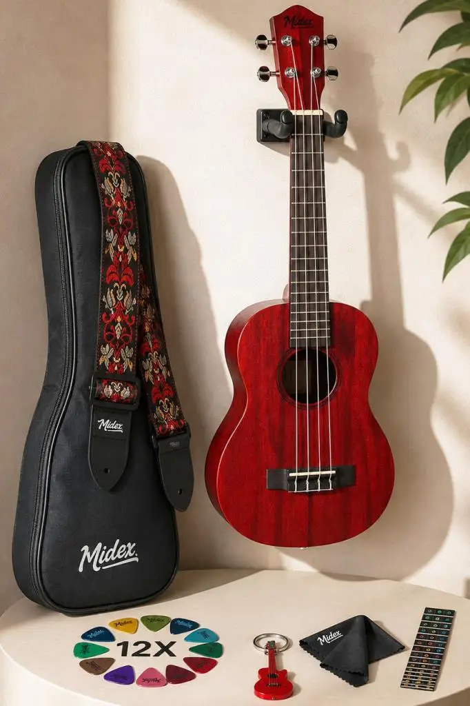 Midex TN-26RD Kaliteli Kırmızı Sedef İşlemeli Tenor Ukulele Seti