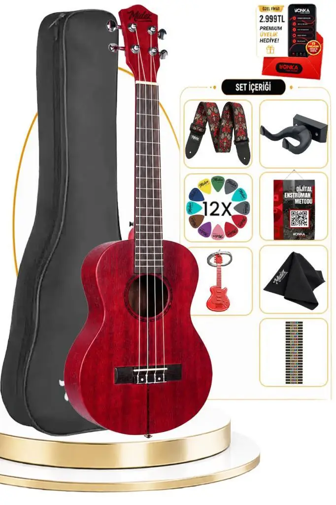Midex TN-26RD Kaliteli Kırmızı Sedef İşlemeli Tenor Ukulele Seti