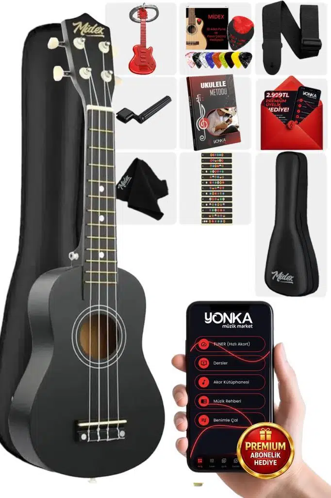 Midex UKX-233BK Siyah Concert Ukulele (Askı Çanta Metod Pena)