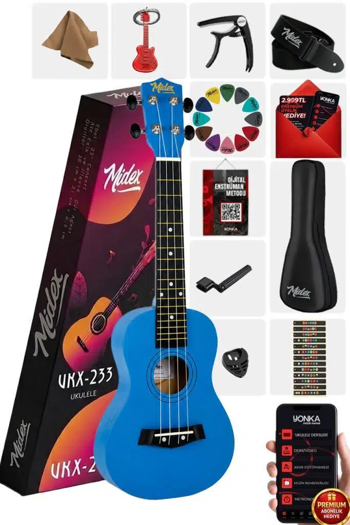 Midex UKX-233BL Mavi Concert Ukulele (Askı Çanta Metod Pena) Midex UKX-233BL Mavi Concert Ukulele (Askı Çanta Metod Pena)