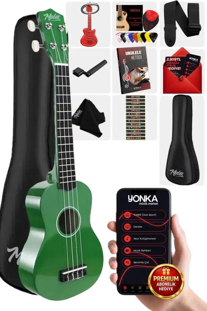 Midex UKX-233GR Yeşil Concert Ukulele (Askı Çanta Metod Pena)