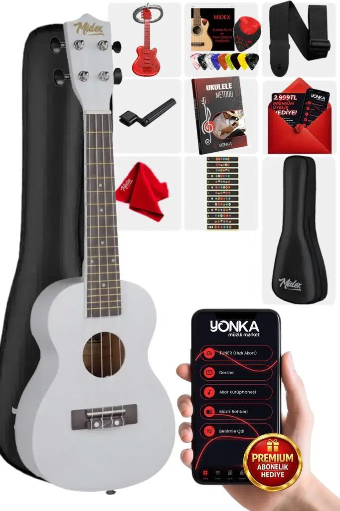 Midex UKX-233WH Beyaz Concert Ukulele (Askı Çanta Metod Pena)