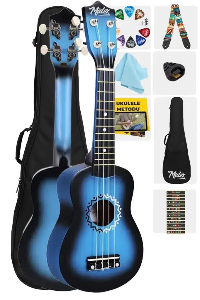 Midex UKX-500BL Sunburs Efektli Maun Soprano Ukulele Full Set
