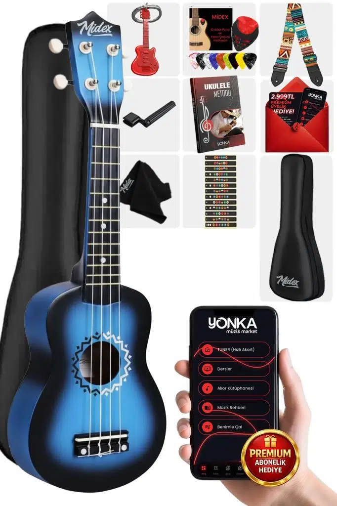 Midex UKX-500BL Sunburs Efektli Maun Soprano Ukulele Full Set
