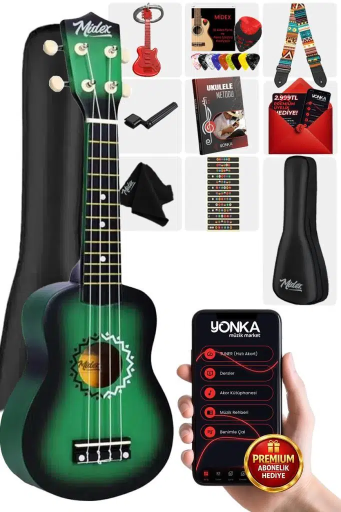 Midex UKX-500GR Sunburs Efektli Maun Soprano Ukulele Full Set