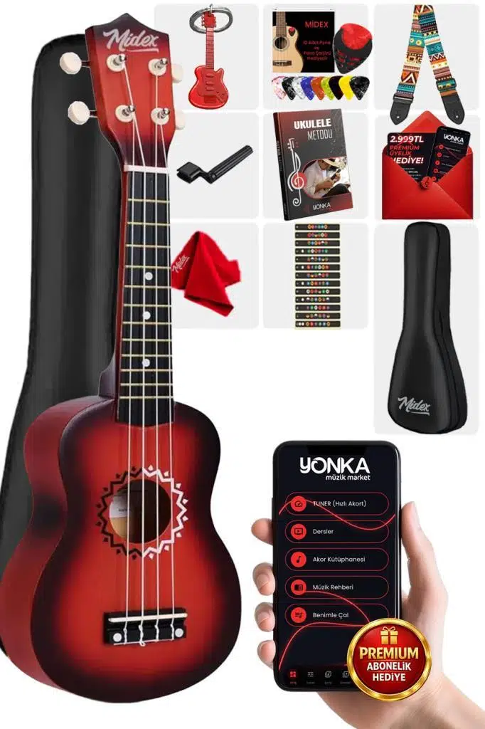 Midex UKX-500RD Sunburs Efektli Maun Soprano Ukulele Full Set Midex UKX-500RD Sunburs Efektli Maun Soprano Ukulele Full Set
