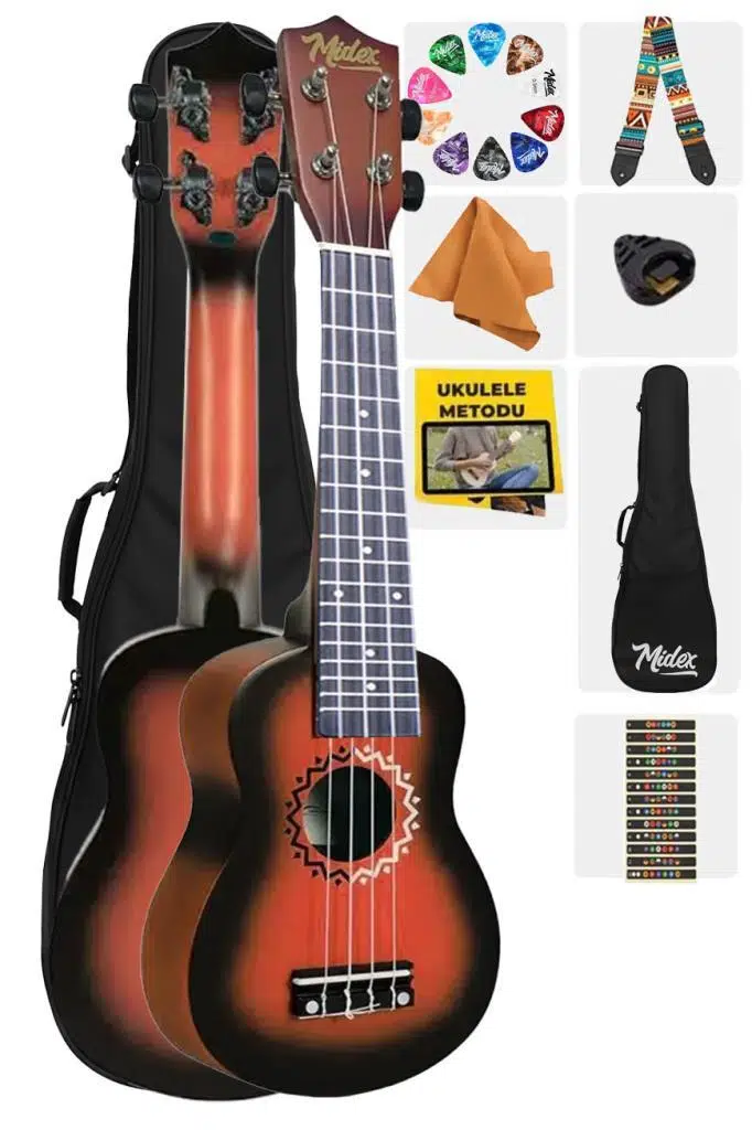 Midex UKX-600RD Sunburs Efektli Maun Concert Ukulele Full Set