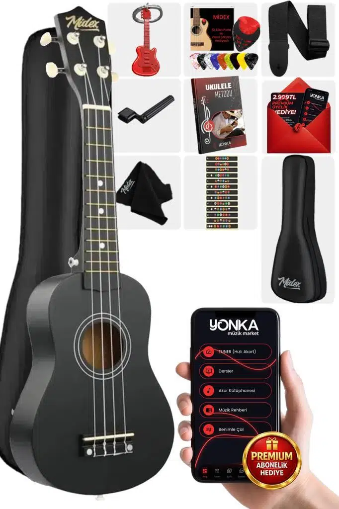 Midex UKX-901BK Siyah Soprano Ukulele (Askı Çanta Metod Pena)
