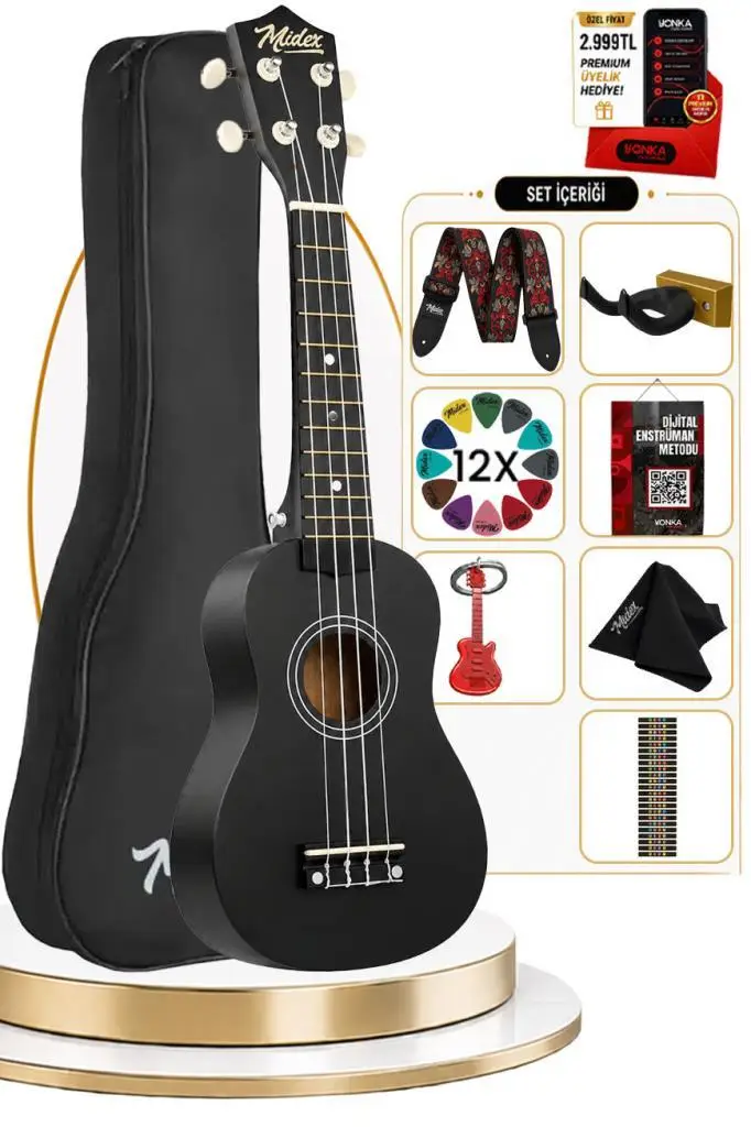 Midex UKX-901BK Siyah Soprano Ukulele (Askı Çanta Metod Pena)