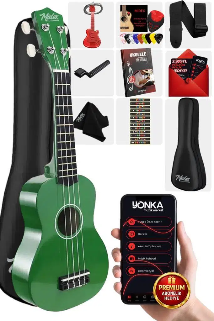 Midex UKX-901GR Yeşil Soprano Ukulele (Askı Çanta Metod Pena)