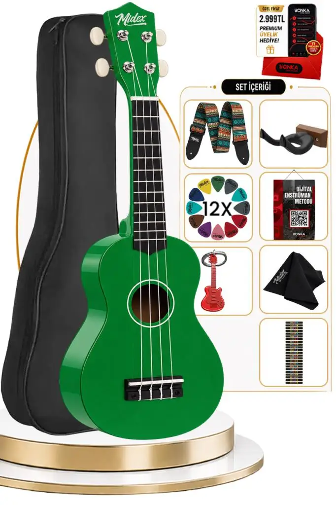 Midex UKX-901GR Yeşil Soprano Ukulele (Askı Çanta Metod Pena)