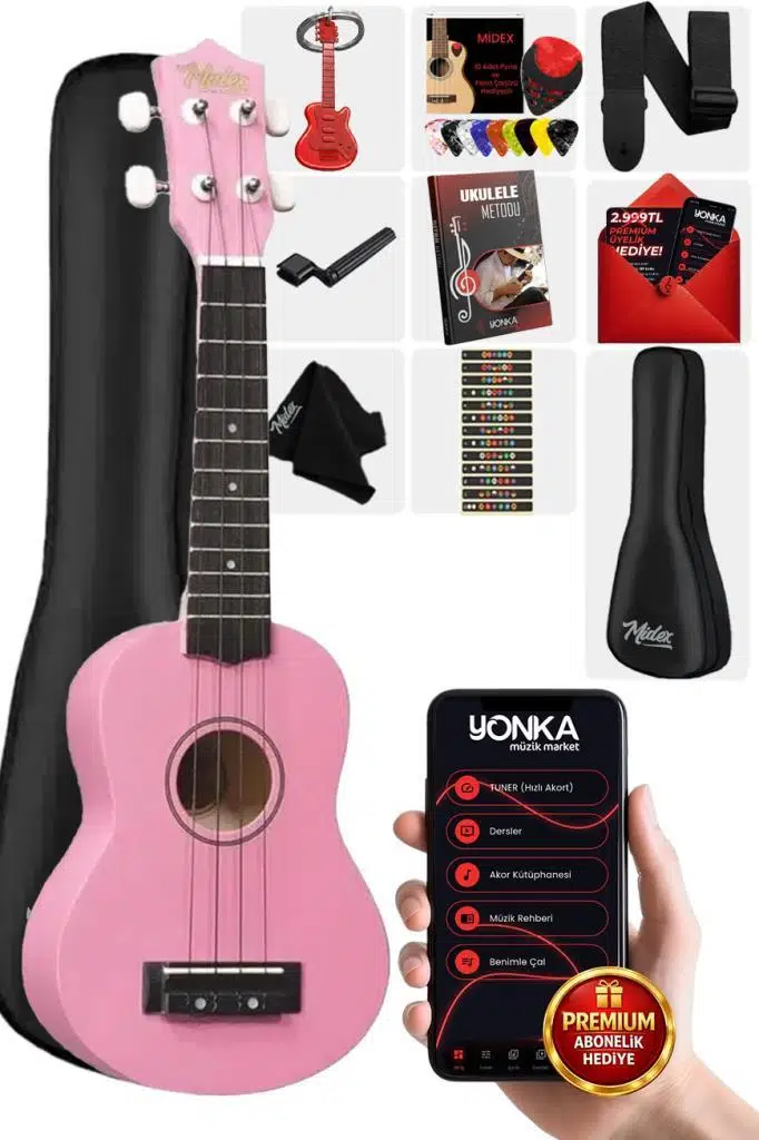 Midex UKX-901PK Pembe Soprano Ukulele (Askı Çanta Metod Pena)