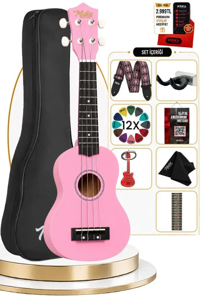 Midex UKX-901PK Pembe Soprano Ukulele (Askı Çanta Metod Pena)