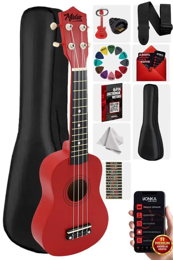 Midex UKX-901RD Kırmızı Soprano Ukulele (Askı Çanta Metod Pena) Midex UKX-901RD Kırmızı Soprano Ukulele (Askı Çanta Metod Pena)