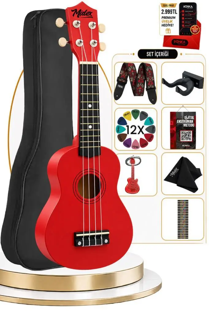Midex UKX-901RD Kırmızı Soprano Ukulele (Askı Çanta Metod Pena)