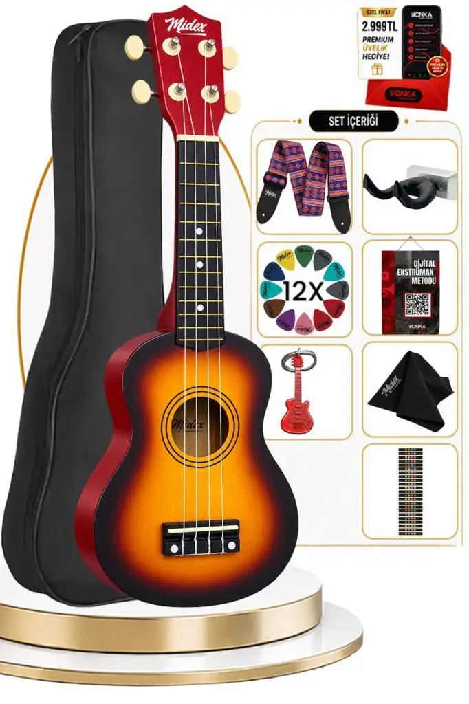 Midex UKX-901SB Sunburs Soprano Ukulele (Askı Çanta Metod Pena)