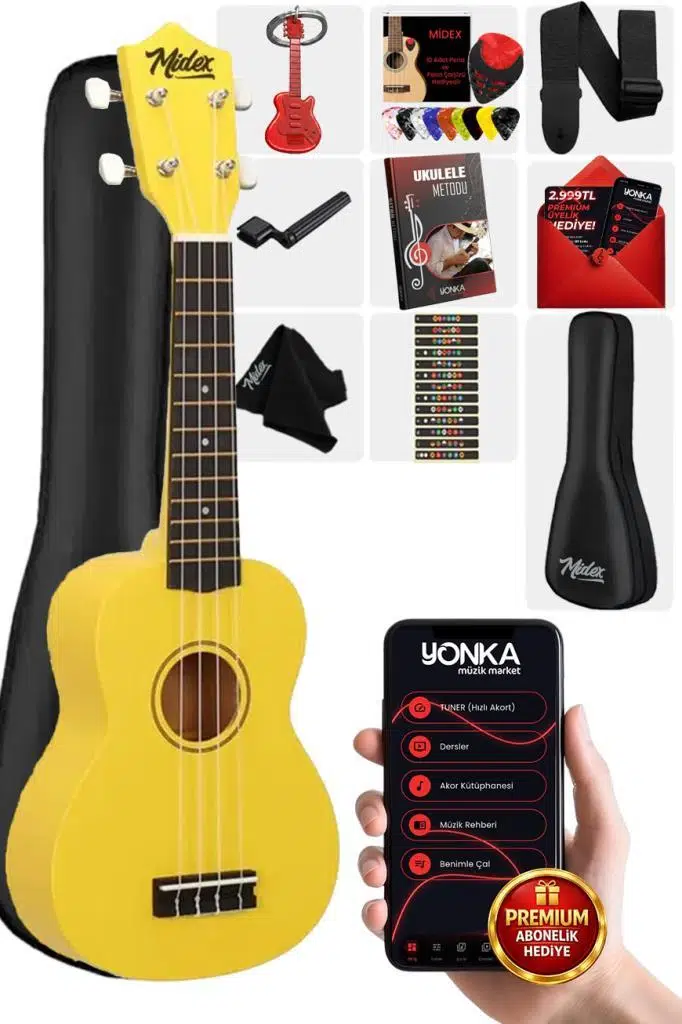 Midex UKX-901YLW Sarı Soprano Ukulele (Askı Çanta Metod Pena) Midex UKX-901YLW Sarı Soprano Ukulele (Askı Çanta Metod Pena)