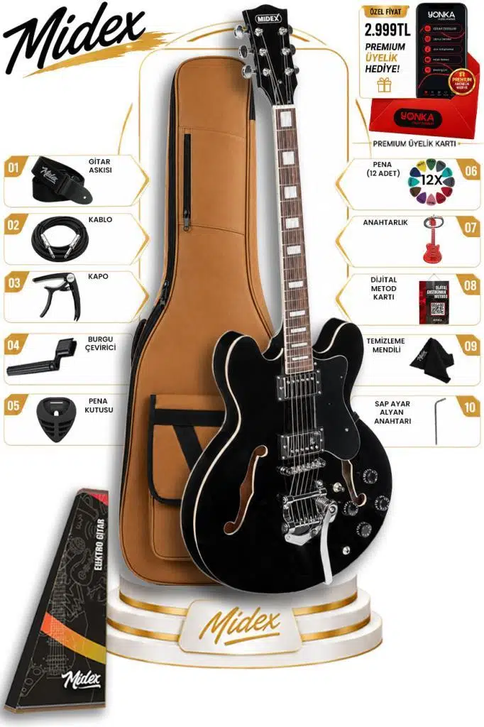 Midex Vintage Jazz-BK Profesyonel Hollowbody Caz Kasa HH Akustik Elektro Gitar Seti Siyah Midex Vintage Jazz-BK Profesyonel Hollowbody Caz Kasa HH Akustik Elektro Gitar Seti Siyah