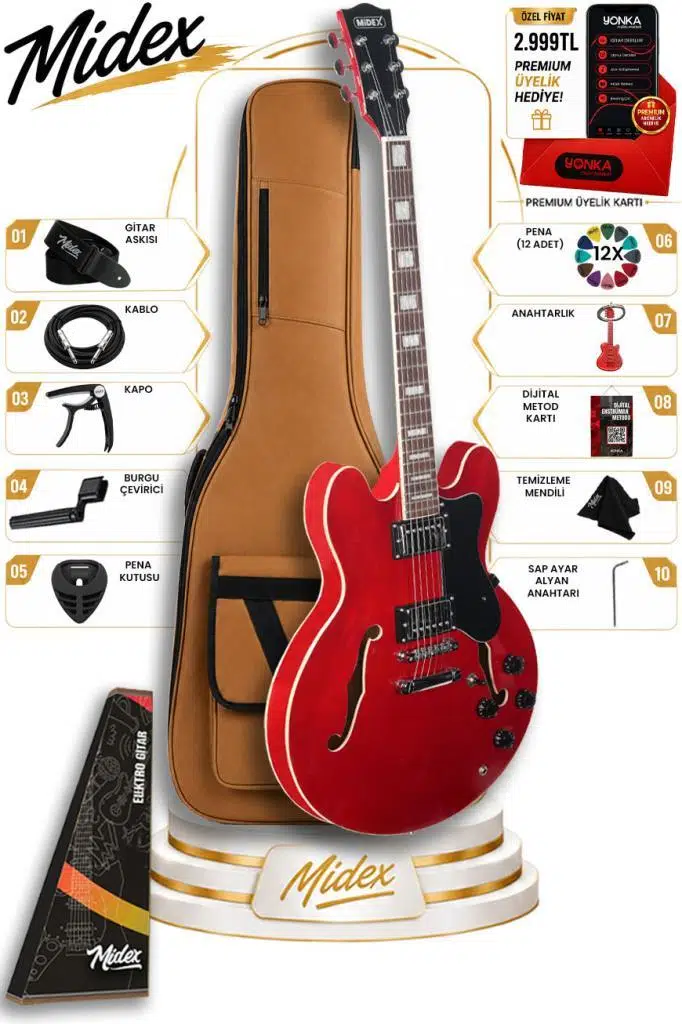 Midex Vintage Jazz-RD Profesyonel Hollowbody Caz Kasa HH Akustik Elektro Gitar Seti Kırmızı Midex Vintage Jazz-RD Profesyonel Hollowbody Caz Kasa HH Akustik Elektro Gitar Seti Kırmızı