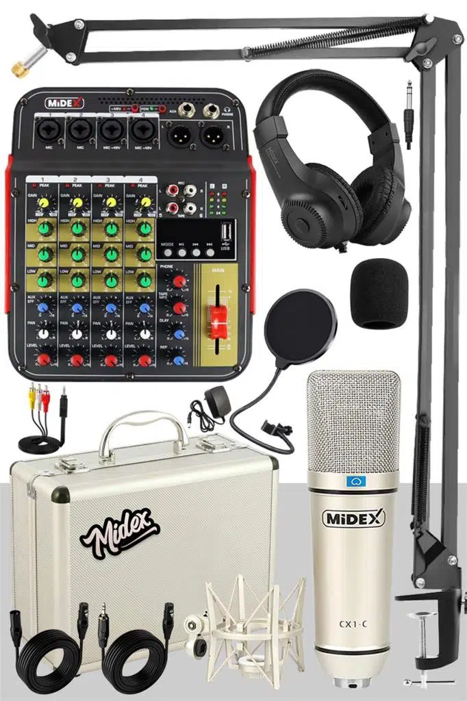 Midex Vokal Paket-2 CX1 Stüdyo Mikrofon 6 Kanal Stüdyo Kayıt Mikseri Kulaklık ve Full Set Midex Vokal Paket-2 CX1 Stüdyo Mikrofon 6 Kanal Stüdyo Kayıt Mikseri Kulaklık ve Full Set