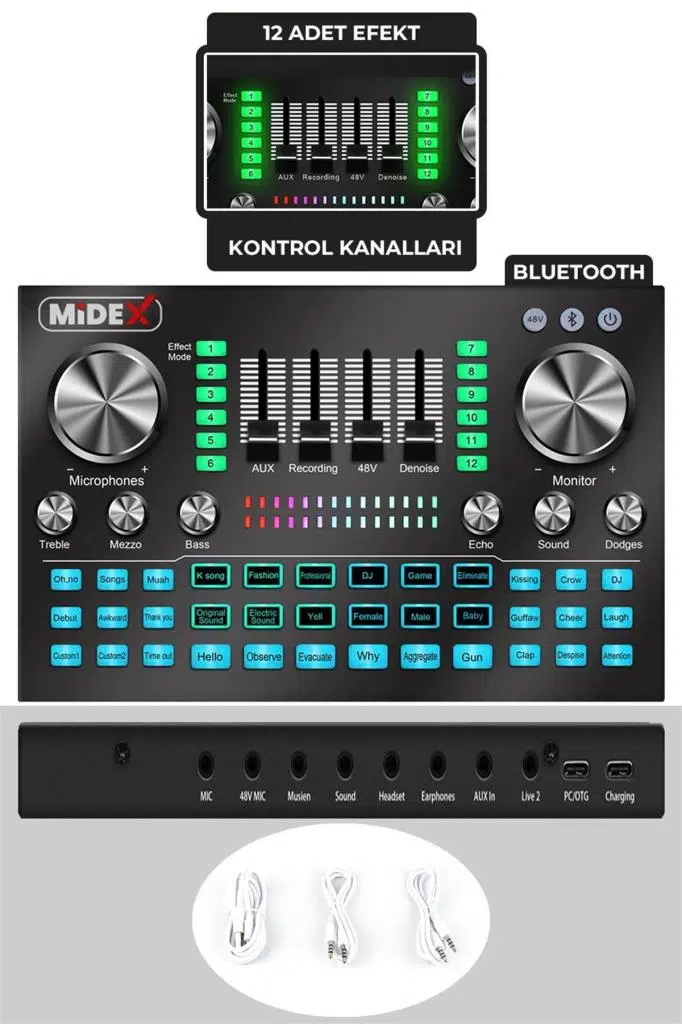 Midex VS20 Üst Seviye Stüdyo Kayıt Canlı Yayın Şarjlı Ses Kartı Efektli Radyo Mikseri (Telefon ve PC Podcast)