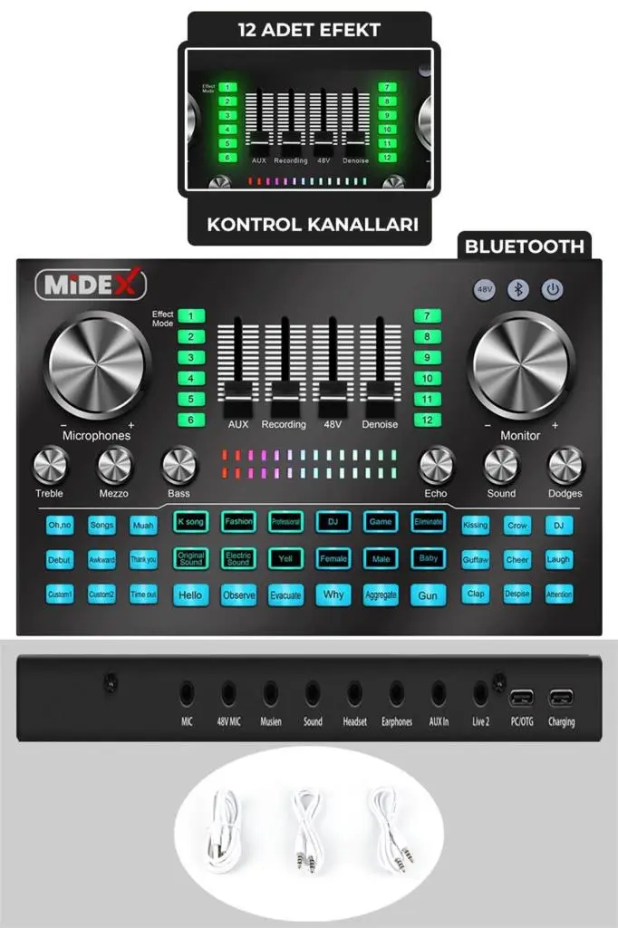 Midex VS20 Üst Seviye Stüdyo Kayıt Canlı Yayın Şarjlı Ses Kartı Efektli Radyo Mikseri (Telefon ve PC Podcast)