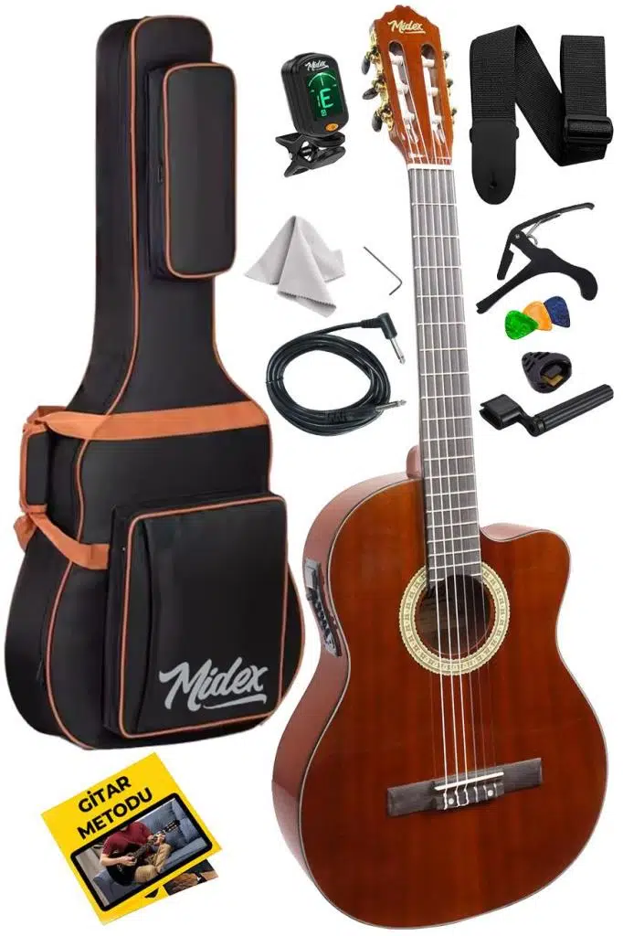 Midex X48 Profesyonel Masif Ağaç Ekolayzerli Elektro Klasik Gitar Seti 4/4 Üst Segment