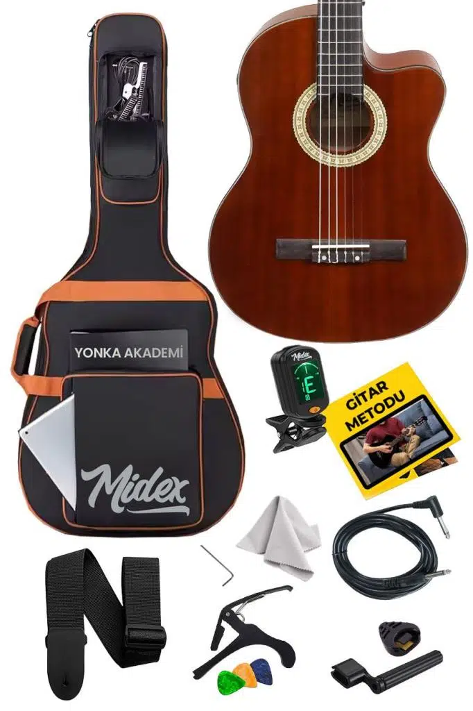 Midex X48 Profesyonel Masif Ağaç Ekolayzerli Elektro Klasik Gitar Seti 4/4 Üst Segment