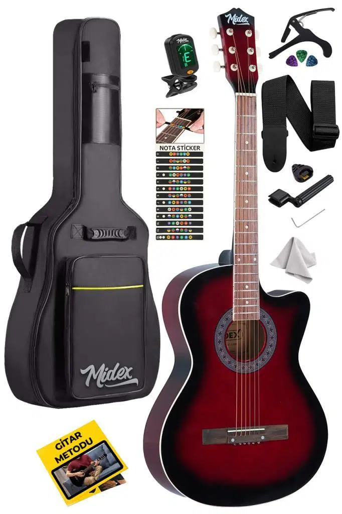Midex XC-120RD Kaliteli Akustik Gitar Gül Klavye Sap Ayarlı 4/4 Full Set
