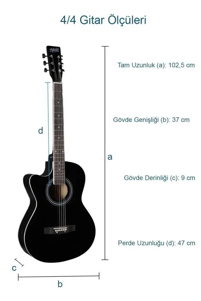 Midex XC-121 Siyah Kaliteli SOLAK Akustik Gitar Gül Klavye Sap Ayarlı 4/4 Yetişkin Boy Full Set