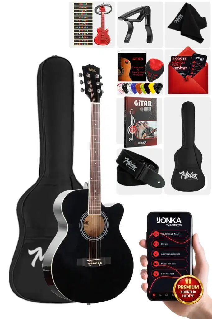 Midex XC-200BK Kesik Kasa Siyah Akustik Gitar 4/4 Yetişkin Üst Segment (Çanta Capo Askı Pena)