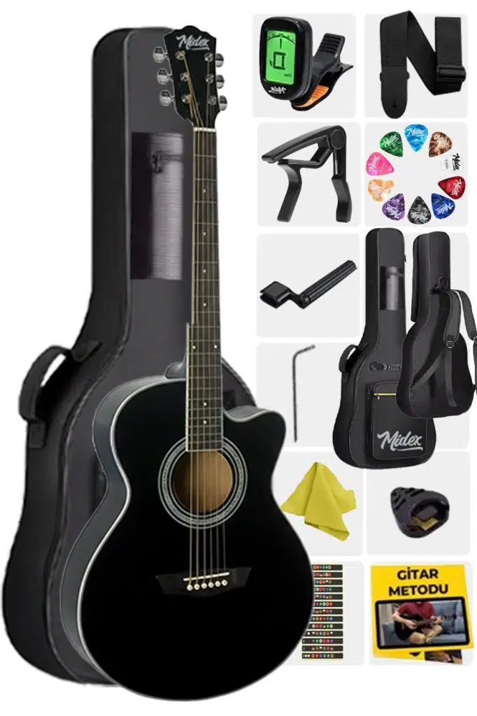 Midex XC-200BK Kesik Kasa Siyah Akustik Gitar 4/4 Yetişkin Üst Segment (Gigbag Çanta Tuner Capo Askı Pena)