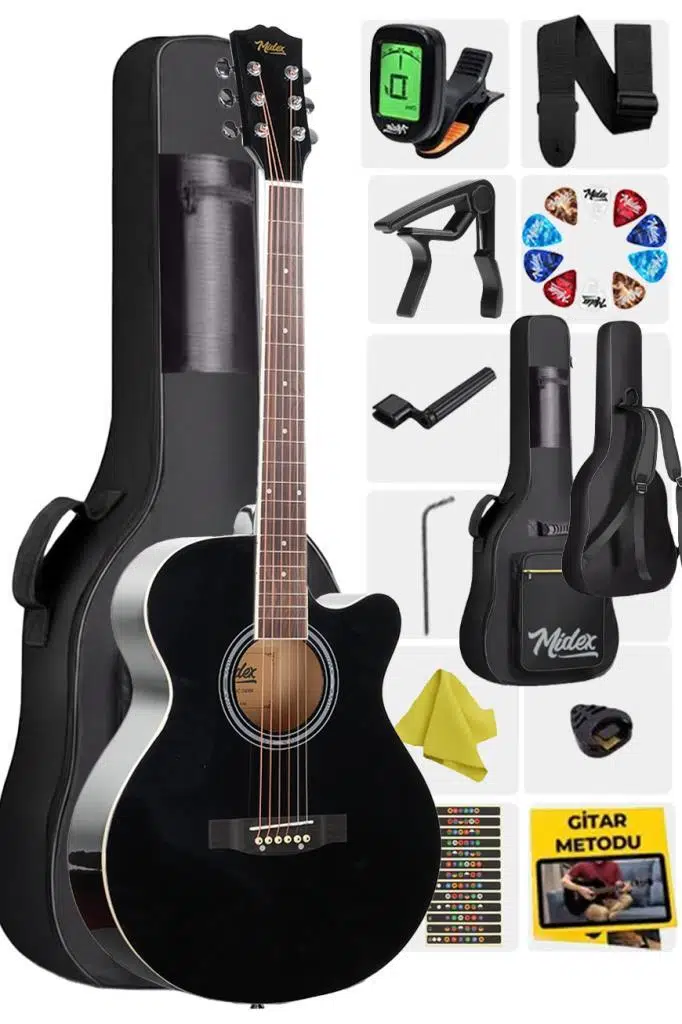 Midex XC-200BK Kesik Kasa Siyah Akustik Gitar 4/4 Yetişkin Üst Segment (Gigbag Çanta Tuner Capo Askı Pena)