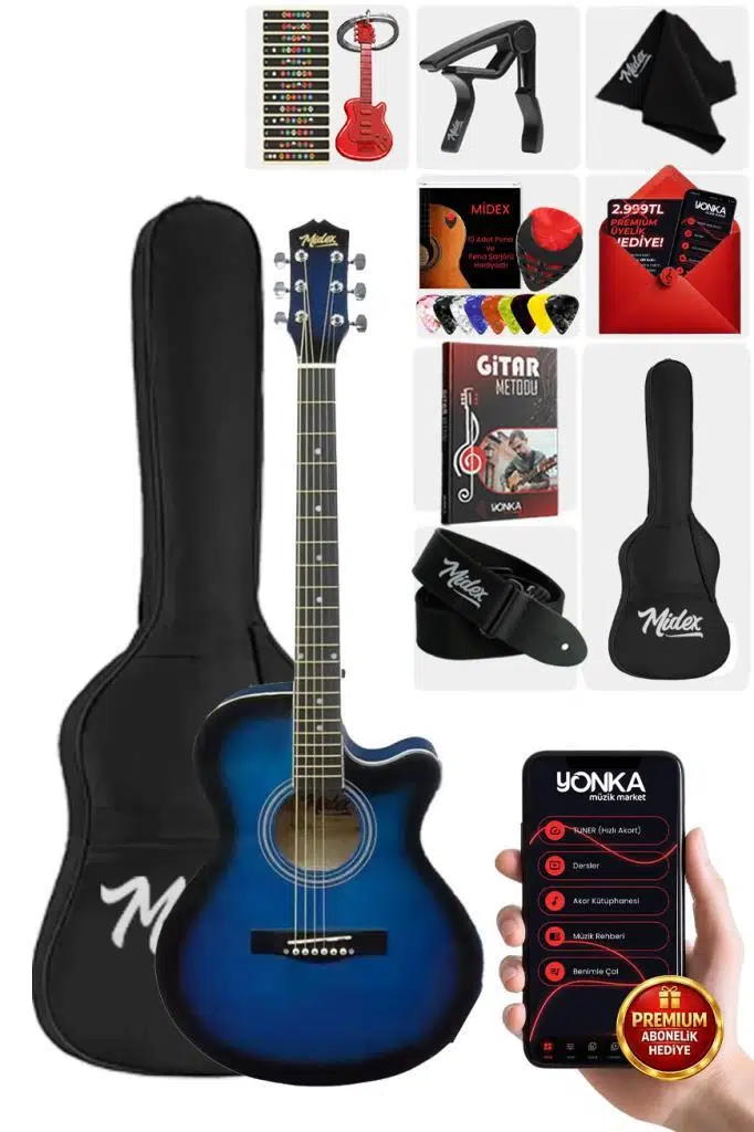 Midex XC-200BL Kaliteli Akustik Gitar Seti 40 İnç 4/4 Yetişkin Full Set