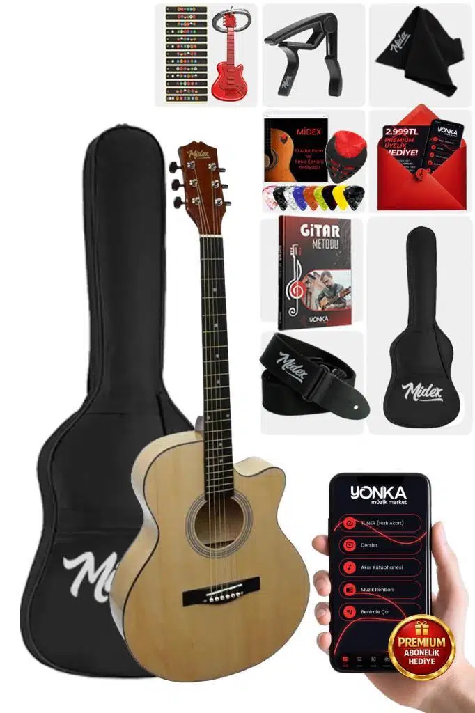 Midex XC-200CR Kaliteli Akustik Gitar Seti 40 İnç 4/4 Yetişkin Full Set