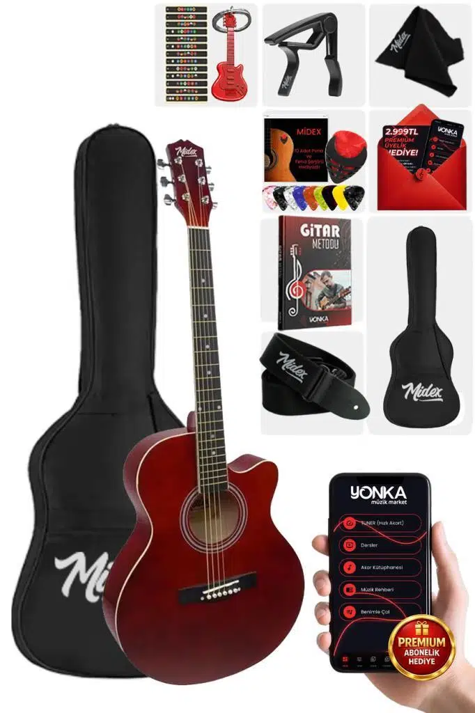 Midex XC-200RD Kaliteli Akustik Gitar Seti 40 İnç 4/4 Yetişkin Full Set