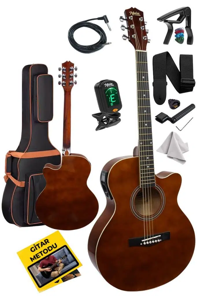 Midex XC-300BRW-EQ Profesyonel Kahverengi Elektro Akustik Gitar Seti 40 İnç 4/4 Yetişkin Full Set