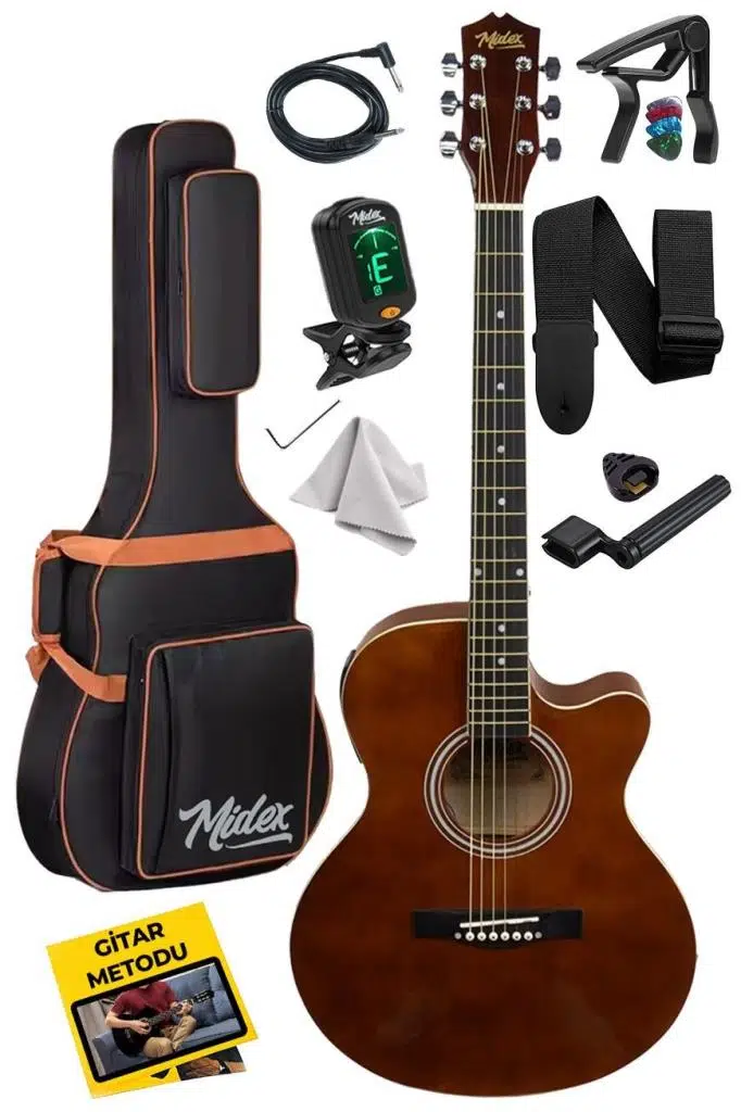 Midex XC-300BRW-EQ Profesyonel Kahverengi Elektro Akustik Gitar Seti 40 İnç 4/4 Yetişkin Full Set