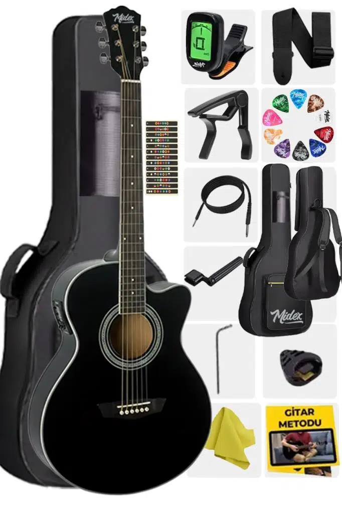 Midex XC-300XBK-EQ Profesyonel Siyah Elektro Akustik Gitar 4/4 Yetişkin Üst Segment (Gigbag Çanta Tuner Capo Askı Jak Kablo Pena) Midex XC-300XBK-EQ Profesyonel Siyah Elektro Akustik Gitar 4/4 Yetişkin Üst Segment (Gigbag Çanta Tuner Capo Askı Jak Kablo Pena)
